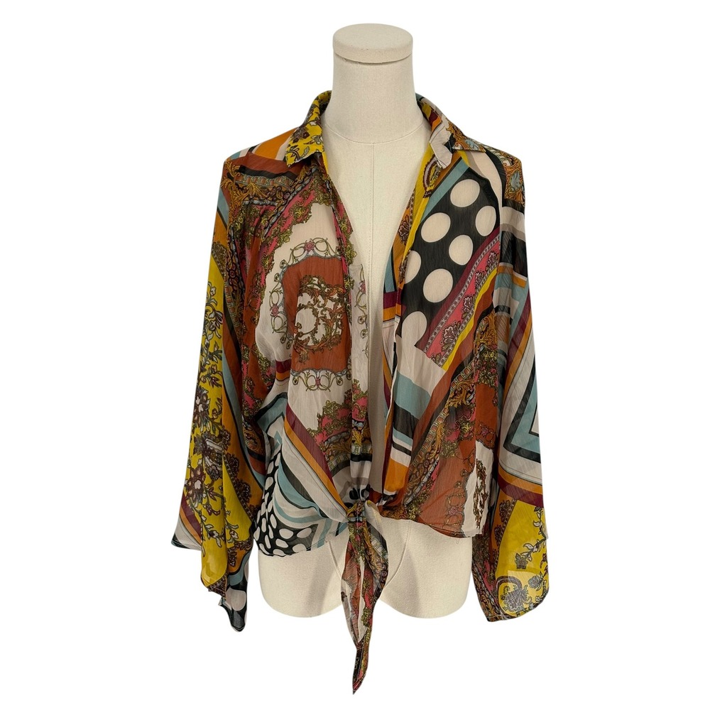 Timing Tie Front Blouse Multicolor Mixed Print Sheer Chiffon Top M